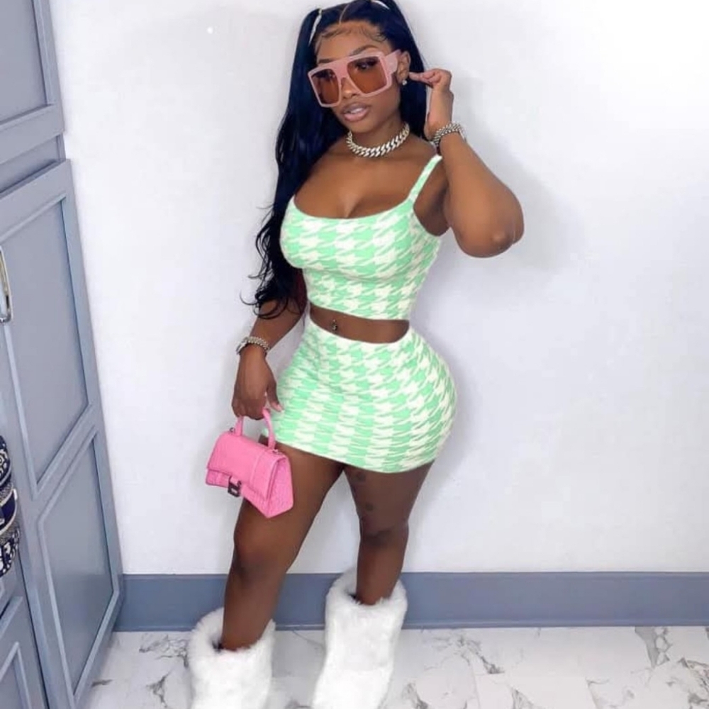 Green Houndstooth Skirt Set